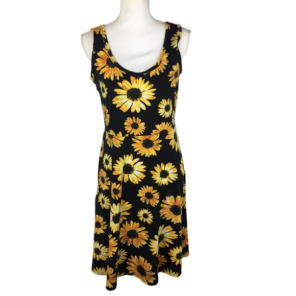 Herou Dresses & Skirts - Sunflower Daisy Tank Sundress Size Large Black Yellow Knit Fit and Flare
